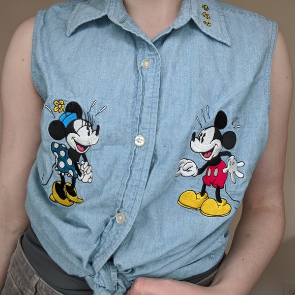 Vintage Minnie Mickey Mouse Embroidered Denim Top - Picture 1 of 4